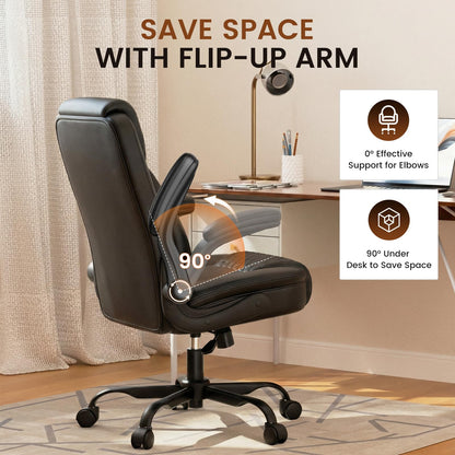 GTPLAYER Leather Office Chair, Home Desk Chair with Flip-up Arms and Ergonomic Back - Comfy Heavy Duty Executive Chair for Home Office Gaming, Charcoal Black