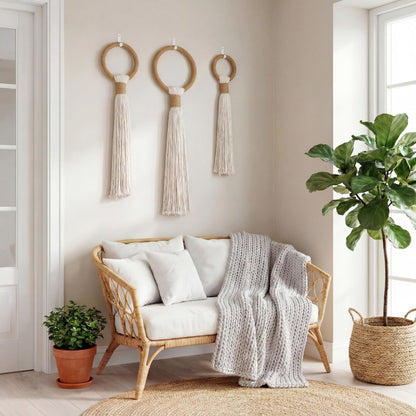 Tegeme 3-piece Macrame Wall Hanging Large Boho Wall Decor Set Extra Large Beige Boho Spherical Knot Tapestry with Long Fringe Handmade Cotton Yarn Art for Living Room Bedroom Nursery Dinning Room