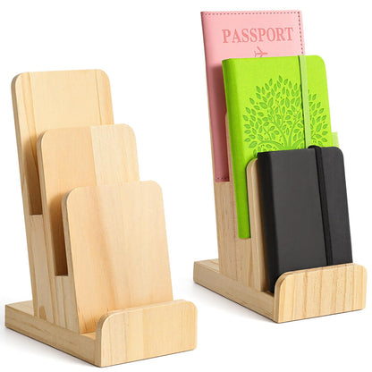 Oqqlin 2 Pcs 3-Tier Pine Wood Pamphlet Display Stand, 3 x 4 x 10 Inch Pine Wood Literature Holder Wooden Trifold Flyer Display Stand for Menu, Magazine, Pamphlet, Booklets