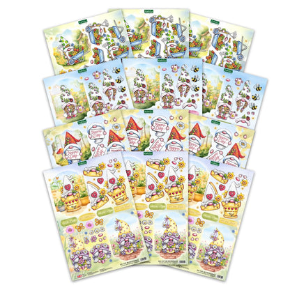 Katy Sue Garden Gnomes Die-Cut Decoupage Pack. 12 Sheets of Gnome, Gonk & Garden-Themed Die Cuts for Card Making Supplies with Sentiments & Card Toppers on 150 GSM Paper. UK-Made.
