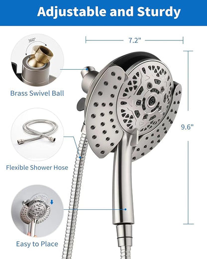 INAVAMZ Shower Head with Handheld High Pressure: Hand Held Shower Head & Rain Shower Head 2-IN-1 Shower Head with 59" Rotatable Stainless Steel Hose, Shower Trim Systems, Nickel 1.8 GPM 15391