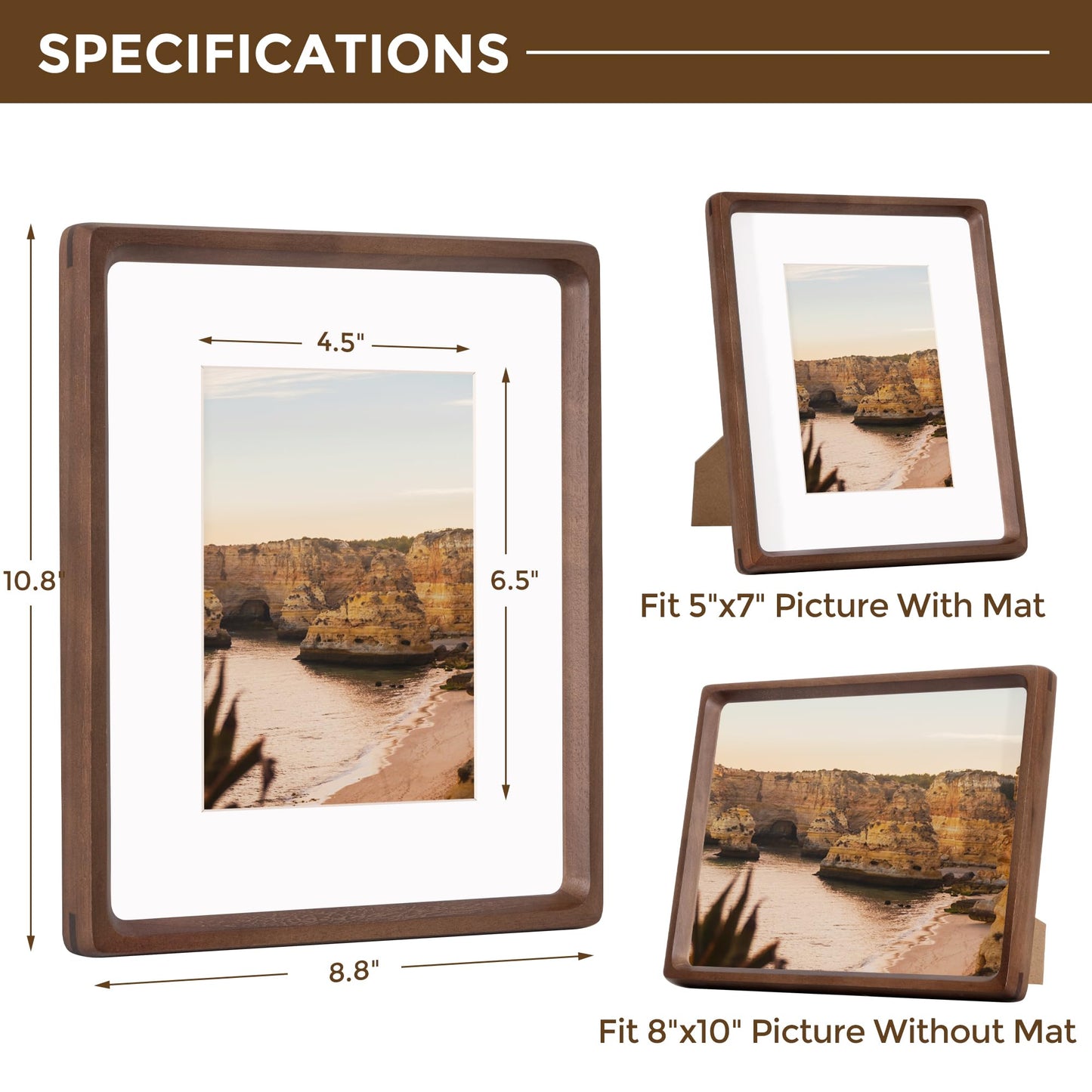 Dreamland 8x10 Picture Frame, USA-Sourced Walnut Wood Photo Frames with HD Tempered Glass, 8 x 10 Wooden Frame Matted to 5 x 7, 8x10 Frames Handcrafted Rounded Corner for Tabletop or Wall Display