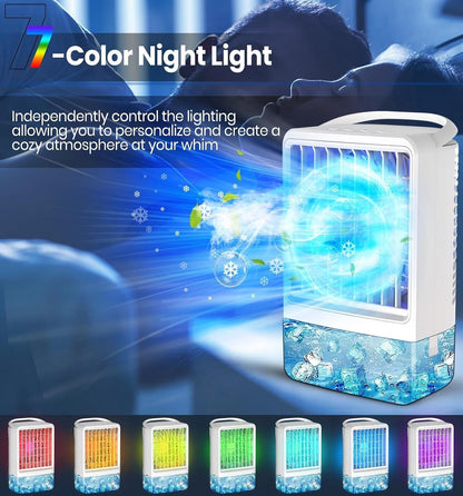 Portable Air Conditioners Ice Fan That Blow Cold Air USB Mini Air Conditioners 3 Wind Speed & 7 Colorful LED Light Cool Mist &Timer Evaporative Air Cooler Personal AC For/Bedroom/Desk/Room/Tabletop