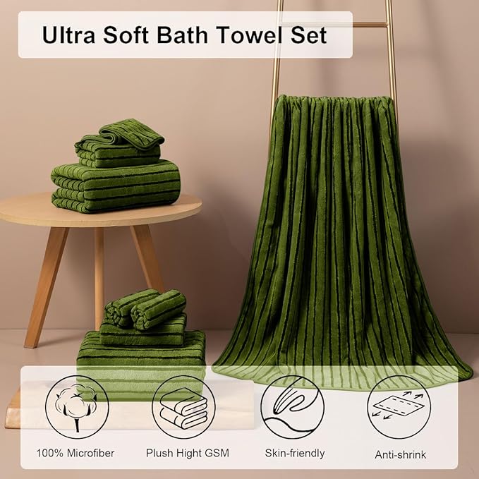 8 Pcs Army Green Cabana Stripe Large Bath Towel Set Oversized Bath Sheet-2 Bath