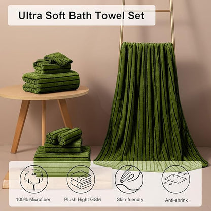 8 Pcs Army Green Cabana Stripe Large Bath Towel Set Oversized Bath Sheet-2 Bath