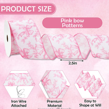 JarThenaAMCS Pink Floral Bow Wired Edge Ribbon Chinoiserie Flower Bowknot Fabric Ribbon for DIY Crafts Wreath Bow Making Supplies, 12 Yard