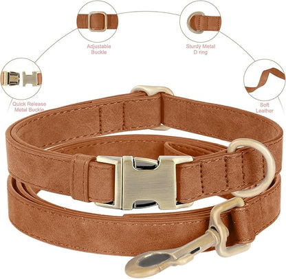 Genuine Leather Dog Collar - Adjustable Pet Collar with Quick Release Metal Buckle, Soft Skin Friendly Real Leather Collar for Small, Medium, Large Dogs (Khaki, M：Fit 12-20" Neck)