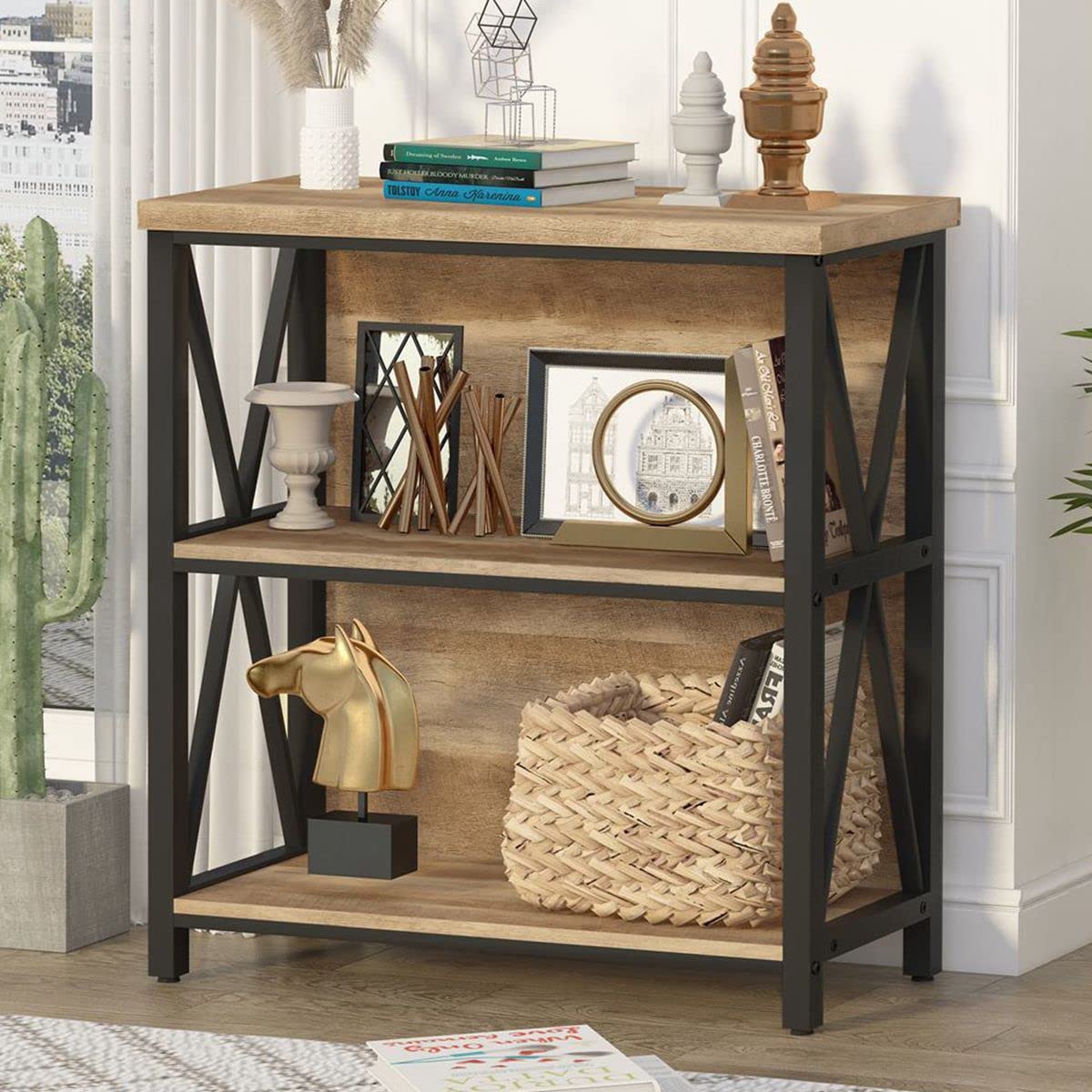 FATORRI Industrial 2 Shelf Bookshelf and Shoe Bench for Entryway (Rustic Oak)