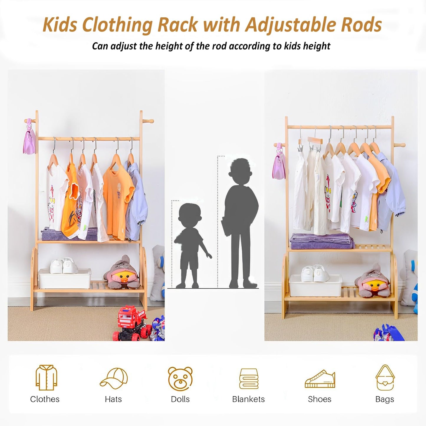 BAMBOOHOMIE Kids Clothing Rack with Adjustable Rods, Children Clothes Garment Rack for Kids Baby Pet, Kids Dress Up Rack with 2 Bottom Shelves, Kids Wardrobe Closet for Toddlers Nursery (Natural)