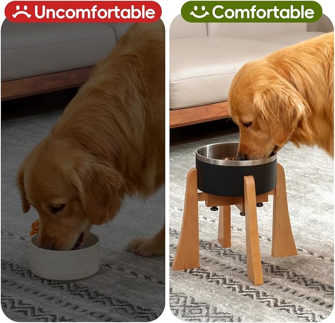 Elevated Bowl Stand Set 10-inch with Heavy Duty Beech Wood Made, Anti-Vomit Design for Medium Breed, Senior Dogs, Ergonomic Neck Protecting, Adjustable Diameter, Easy Clean Non Toxic
