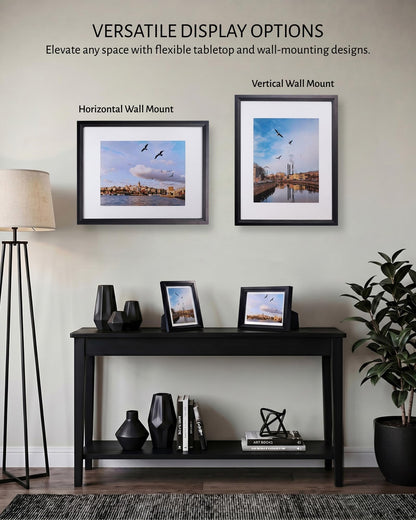 Exper City 11x14 Wooden Picture Frame, Displays 11x14 Without Mat or 8x10 With Mat, Solid Wood Colorful Photo Frame for Wall, Real Glass, Rustic Stepped Edge Design, 2 Pack, Black