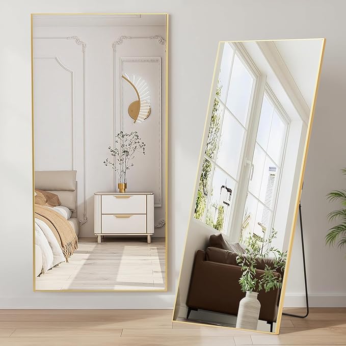 NEWBULIG Mirror Full Length, 68"x26" Body Wall Mirrors with Shatter-Proof Glass, Upgraded Floor Standing Mirror, Hanging or Leaning, with Stand Aluminum Alloy Frame for Home Decor, Bedroom, Gold