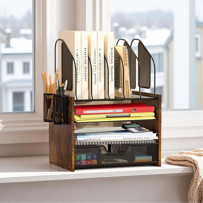 Boershun Wood Desk Organizer - 4-Tier Desktop File Organizer with Drawer, Wooden Paper Tray, Vertical File Holders & 2 Pencil Holders - Office Desk Organizer for Papers, Mail, Notebooks, Stationery