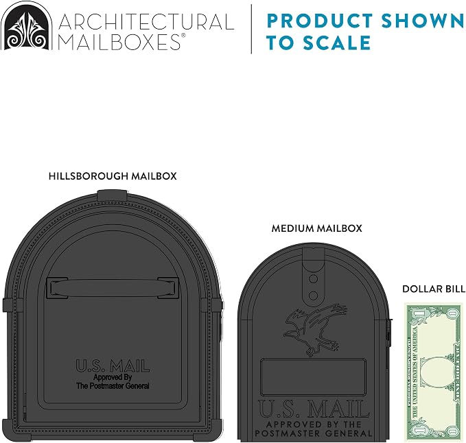 Architectural Mailboxes Hillsborough Post Mount Mailbox, Black, Large | Galvanized steel build for outside with rust-resistant powder-coat finish and a magnetic door closure. USPS approved.