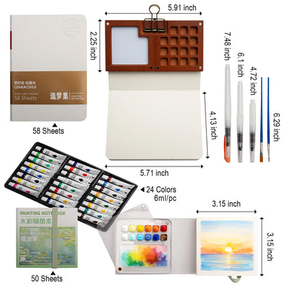 Mini Watercolor Paint Set, Portable Travel Kit with Pocket Painting Palette, 24 Colors, Small Sketchbook, Water Brush Pens & Carrying Case for Art Lovers