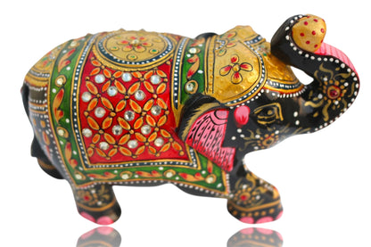 Modern Handcrafted Wooden Elephant Figurine – Trunk up Design with Gemstone Accents | Artistic Decorative Elephant Statue for Home Decor, Office, Gifts – Symbol of Protection & Wisdom (Black & Gold)