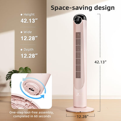 Antarctic Star T36 Tower Fan-36 Inch, Bladeless Oscillating Fan with Remote, 6 Speeds & 4 Modes, LED Display, 9H Timer, Quiet Floor Standing Fan for Bedroom Living Room Office, Pink