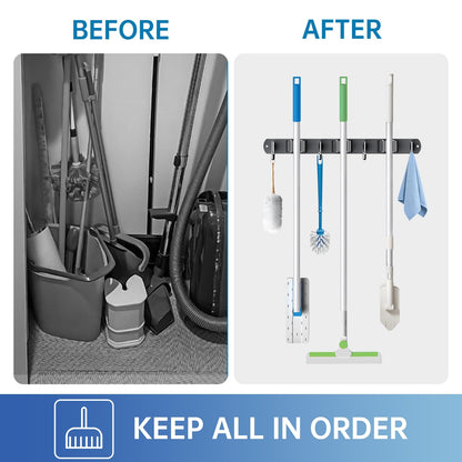 ZONGOOL 2 Pack Mop Broom Holder Wall Mount, Broom Organizer Storage Tool Racks Stainless Steel Self Adhesive Heavy Duty Hooks for Home Kitchen Garden (3 Racks with 4 Hooks, Black)