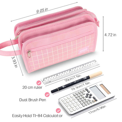 Sooez Large Pencil Case, Big Capacity Pencil Pouch Pen Bag with 3 Compartment, Portable Canvas Stationery Organizer with Zipper, Cute Aesthetic School Supplies for Teen Girls, Sky Blue with Plaid