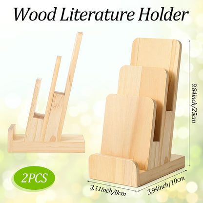 Oqqlin 2 Pcs 3-Tier Pine Wood Pamphlet Display Stand, 3 x 4 x 10 Inch Pine Wood Literature Holder Wooden Trifold Flyer Display Stand for Menu, Magazine, Pamphlet, Booklets