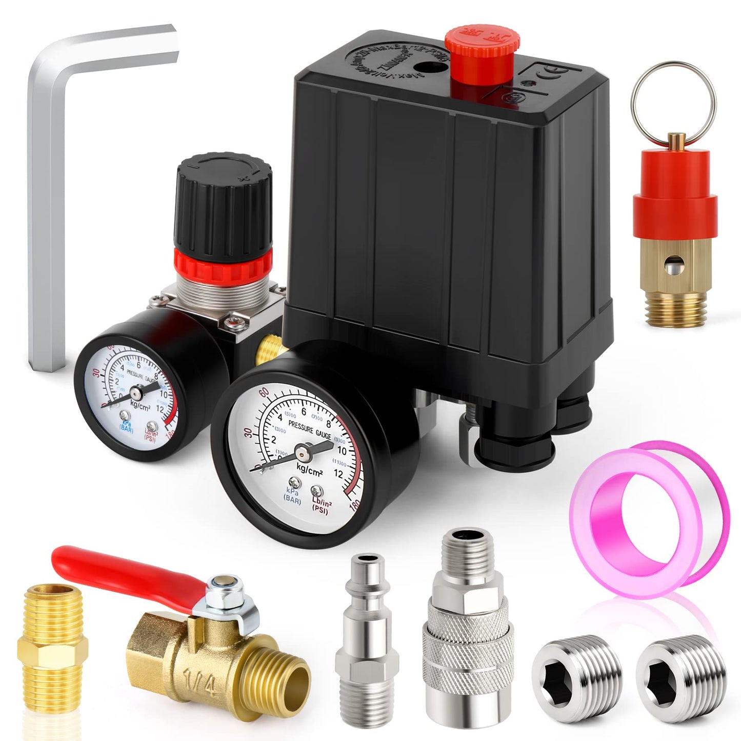 MEANLIN MEASURE Air Compressor Pressure Switch Control Valve 90-120 PSI 110V-240V 4-way Replacement Parts With 0-180 Psi Air Compressor Regulator and Safety Pressure Relief Valve