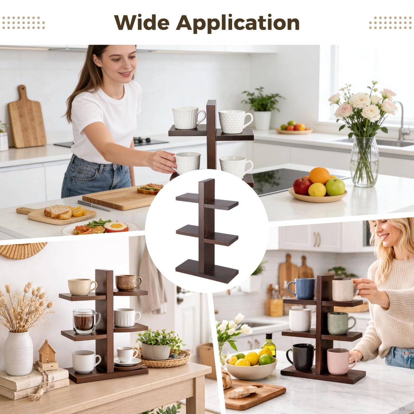 OMISTAR 3 Tiered Wooden Coffee Cup Holder, Kitchen Counter 6 Mug Wood Coffee Mug Organizer Stand with Non-Slip Foam Pads, Vertical Cup Storage Rack for Coffee Bar Countertop