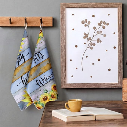 Bencailor 4 Pcs Sunflower Kitchen Towels Farmhouse Wood Grain Hand Dish Towels
