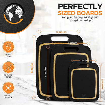 Earth's Dreams Composite Wood Cutting Board Set of 3 – Built In Juice Groove, Non-Toxic Cutting Boards for Kitchen – Large, Medium & Small Non-Slip Wood Charcuterie & Chopping Boards (Black/Tan)
