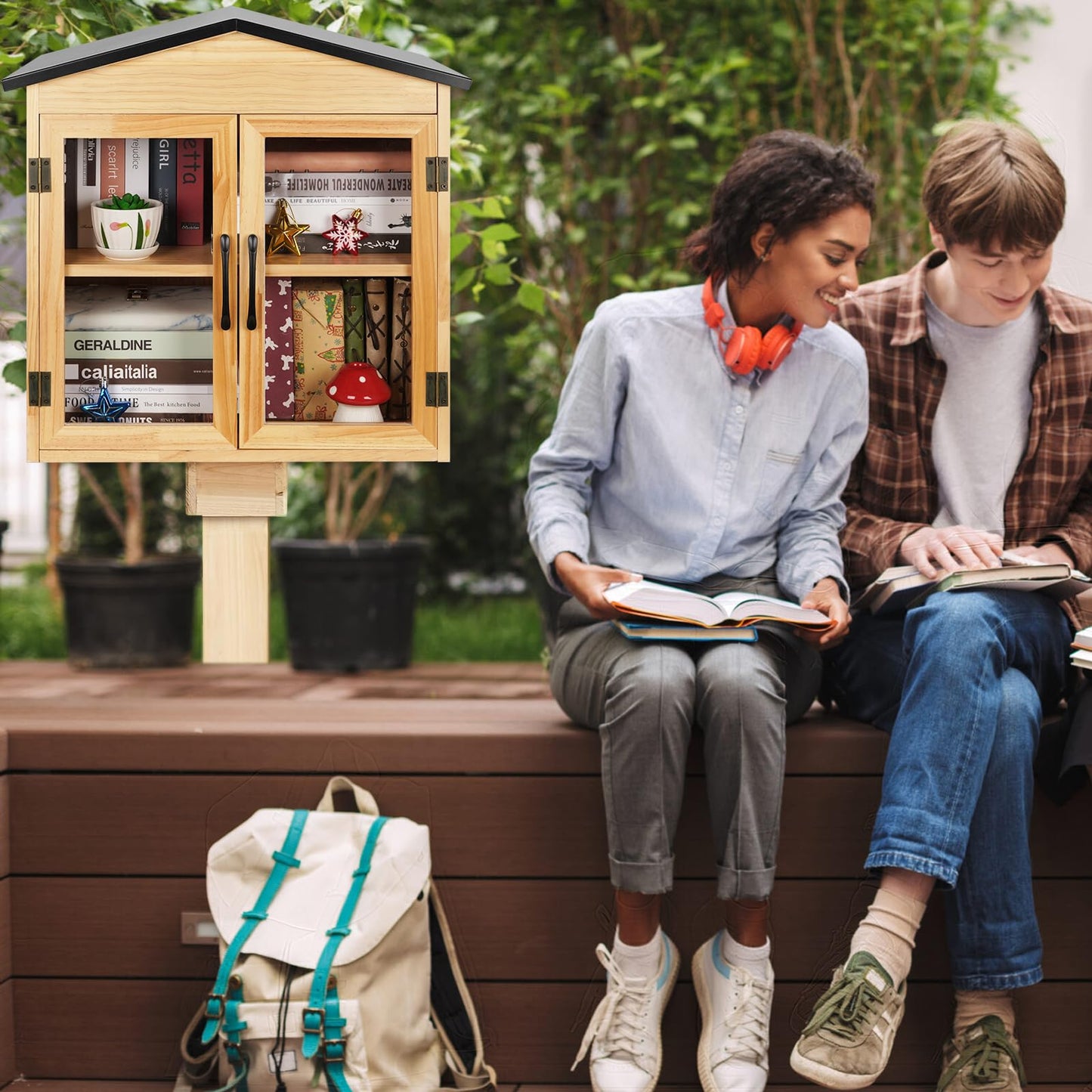 Exttlliy Outdoor Library Outdoor Book Box Storage Small Wooden Cabinet Little Literature Box for Neighborhoods Community and Schools Sharing Books, Flyers, Newspapers, Food and Art (D)