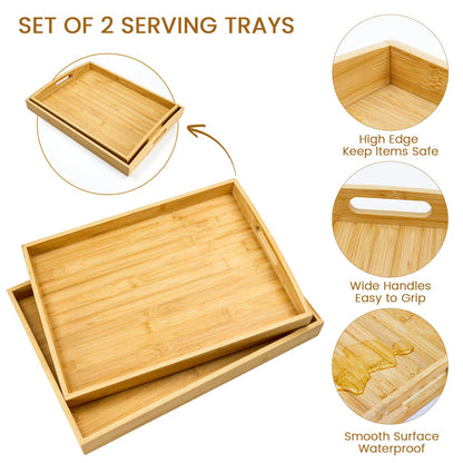 GOLD HONEY Bamboo Serving Tray with Handles Set of 2 - Decorative Wooden Tray for Living Room, Bathroom, Suitable for Used in Bedroom, Kitchen, Coffee Table, Outdoor and Storing - 17x13in, 16x12in