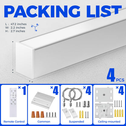 Barrina 5568 Remote Series LED Linear Light, 2nd-Generation, 45W Seamless Connection, 3000K-6000K Color Changing, 4FT Dimmable Hanging Office Shop Light Fixture with Remote, 5568 Series White, 4 Packs