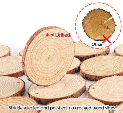 ilauke Natural Wood Slices 30Pcs 3.1''-3.5'' Unfinished Wood Crafts with Pre-drilled Hole, Wood Slices Ornaments for DIY Rustic Christmas Crafts Wooden Circles Coasters Wedding Decor, 33 Feet Twine