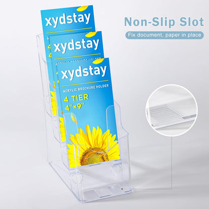 xydstay Acrylic Brochure Holder 4 x 9 Inches, 4 Tier Magazine Holder Brochure Display Stand, Clear Pamphlet Flyer Holder, Literature Booklet Holder for Countertop or Wall Mount Use, 2 Pack