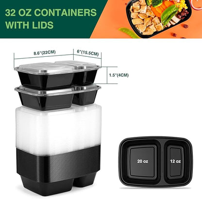 50 Pack 32 oz Sturdy Leakproof 2-Compartment Meal Prep Containers