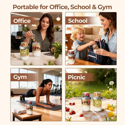 ComSaf Overnight Oats Containers with Lids (16OZ+4OZ, 2PCS) On-The-Go Dual-Laryer Yogurt Parfait Cups with Dry and Wet Separation Mason Jars for Chia Pudding Cereal Nut Fruit Meal Prep Salad