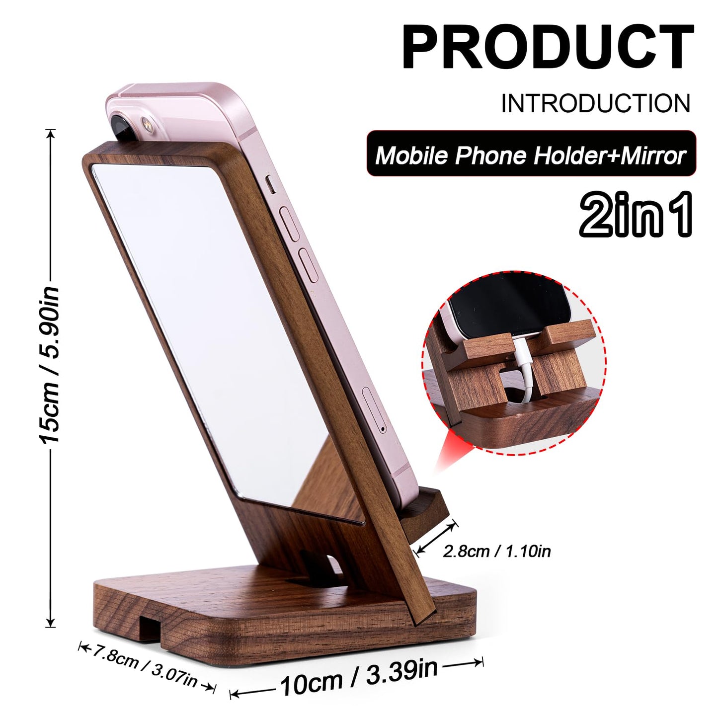 LIKSANGMETALS Wooden Countertop Cell Phone Holder with Mirror, Walnut