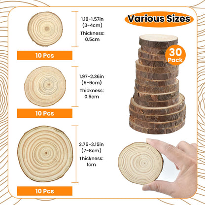 MARRTEUM 30Pcs 1.2"-3.1" Unfinished Natural Wood Slices, Round Wood with Tree Bark Discs Circles Cookies for DIY Arts & Crafts, Coaster, Christmas Ornaments, Rustic Wedding Decoration