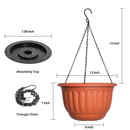 YIKUSH Hanging Planter for Indoor and Outdoor Plants 2 Pack 12 inch Flower Pot Plastic Plant Pot with Drainage Hole and Absorbing Tray（Terracotta）