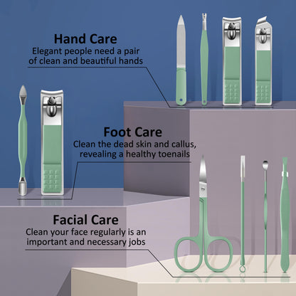BLESWIN 10-Piece Nail Care Kit, Professional Manicure Set with Green Leather Case, Ideal for Women & Men