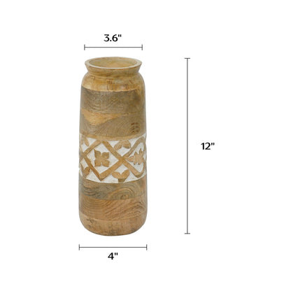 Mela Artisans Mollem 12" Mango Wood Vase with 3.6" Top Opening – Wooden Flower Vase with Medium Burnt Finish for Entryway Decor, Dining Table Centerpiece & Rustic Home Decor