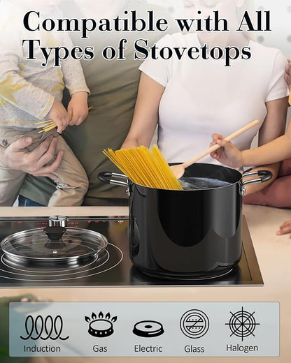 Cook N Home Professional 10.5 Quart Non stick Stock Pot with Lid, Riveted Handles, Big Soup Pot for Holiday Feasts, Stockpot with Even Heating, Induction Cookware, Oven & Dishwasher Safe, Black
