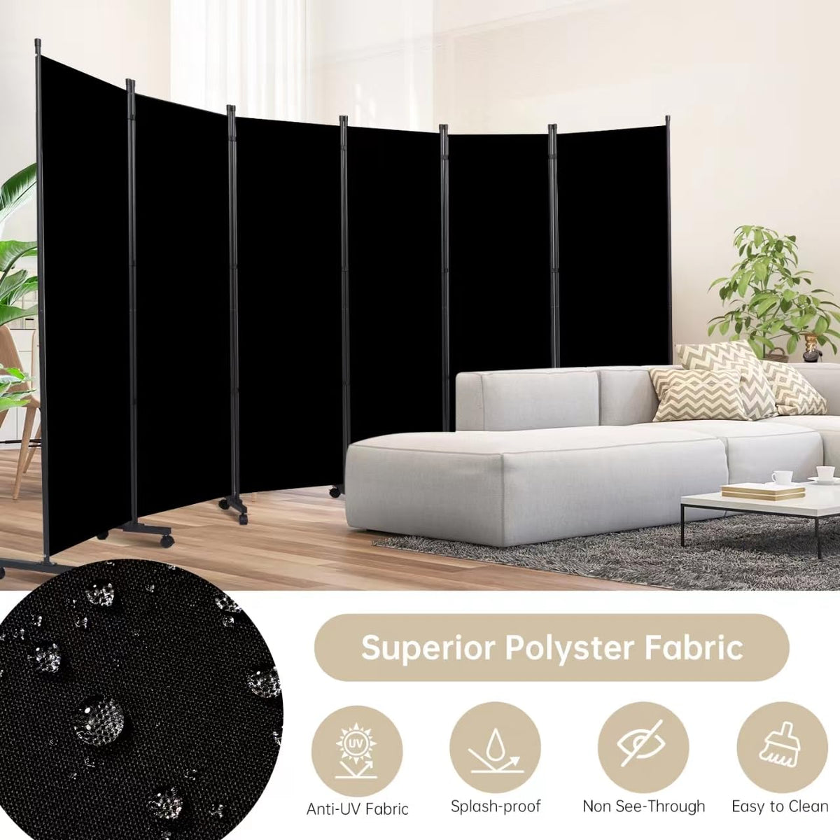 Room Divider Large 6 Panel Privacy Screen,Portable Room Partition on Wheels