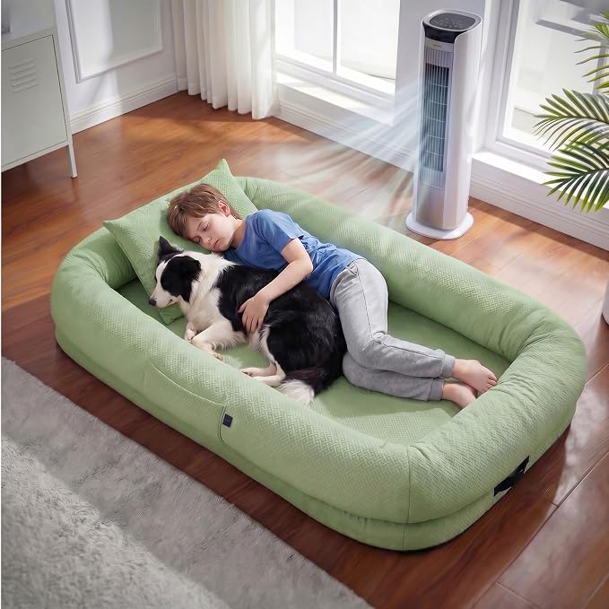 WROS Cooling Human Dog Bed for Summer, Breathable Washable Floor Lounger for People & Pets, 65"x36"x11", Pale Green, Pet Bed for Hot Weather Relaxing