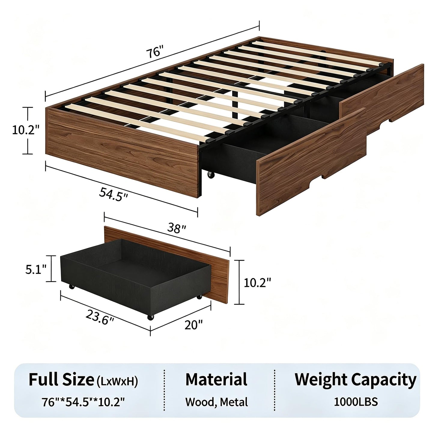 IDEALHOUSE Full Bed Frame with 2 Storage Drawers, Wooden Bed Frame Without Headboard, Minimalist Floor Platform Bed, Wood Slat Support, Noise Free, No Box Spring Needed, Easy Assembly