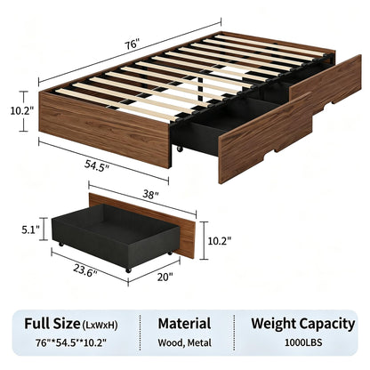 IDEALHOUSE Full Bed Frame with 2 Storage Drawers, Wooden Bed Frame Without Headboard, Minimalist Floor Platform Bed, Wood Slat Support, Noise Free, No Box Spring Needed, Easy Assembly