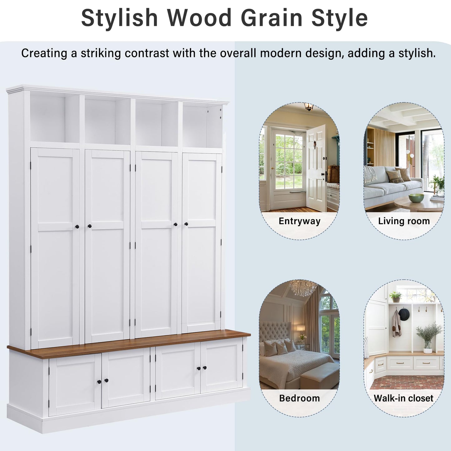 Merax Farmhouse Hall Tree with Bench and Cabinet, 4-in-1 Entryway Storage Organizer with Rack, Shoe Storage and Hooks for Mudroom, Living Room, Bedroom, White