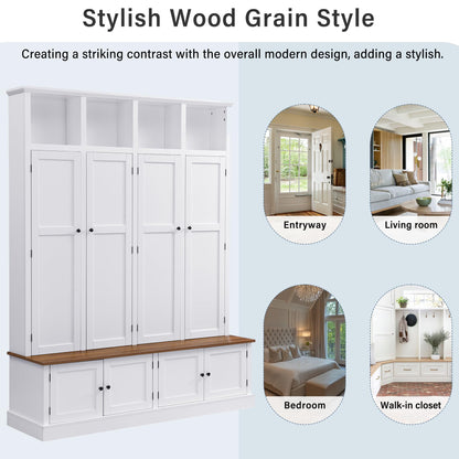 Merax Farmhouse Hall Tree with Bench and Cabinet, 4-in-1 Entryway Storage Organizer with Rack, Shoe Storage and Hooks for Mudroom, Living Room, Bedroom, White