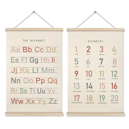 HRQKO Alphabet Numbers Poster Hanger Frame Set of 2, Nursery Wall Decor, Boho ABC Poster Wall Art with Wooden Frames, Alphabet Banner Wall Hanging Decor for Toddler Playroom Nursery, 16x24 Inch