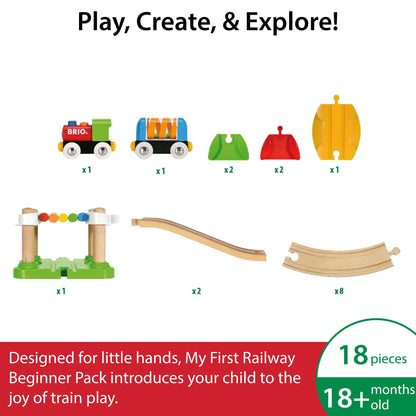 BRIO My First Railway Beginner Pack - 18-Piece FSC-Certified Wood Train Set - Compatible with All BRIO Sets - Includes Rainbow Bridge & Rattle Wagon - Safe Play - Toddlers Ages 18 Months & Older