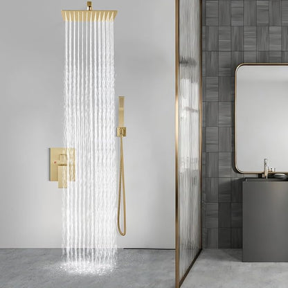 Aolemi Shower Faucet Set Rain Shower System with Handheld Spray Bathroom Shower Combo Rough-in Valve and Shower Trim Kit Included Brushed Gold 16 Inch Wall Mount Shower Head